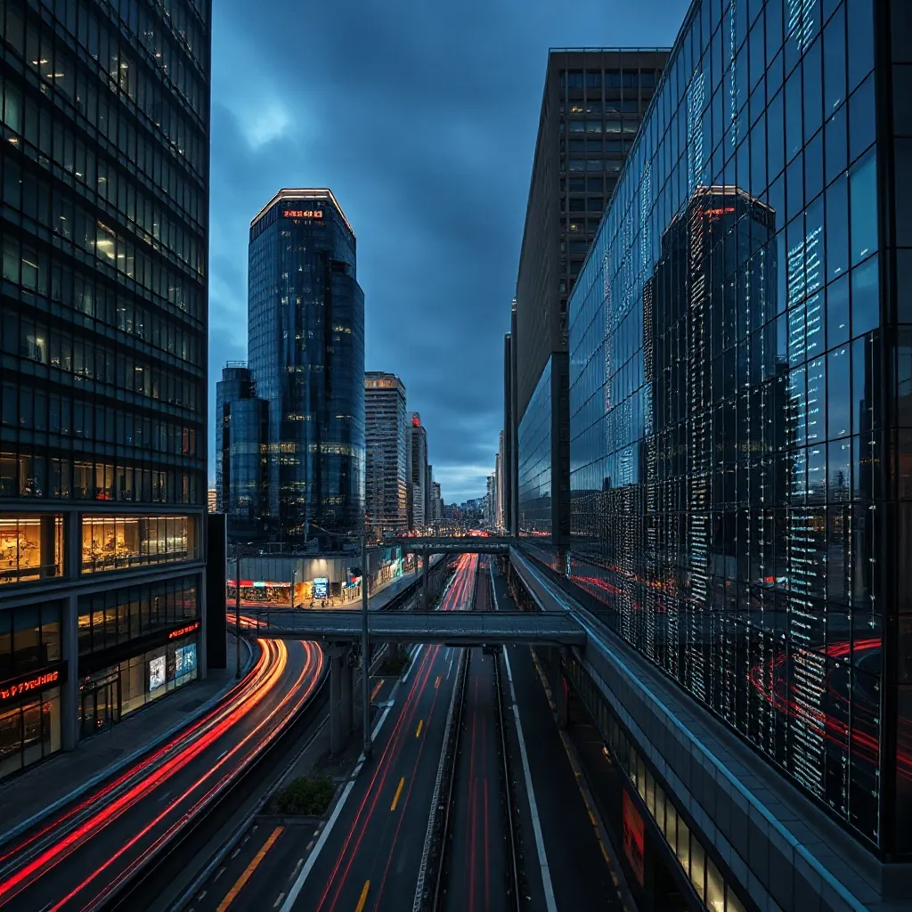 Modern tech city infrastructure, focus on data network lines