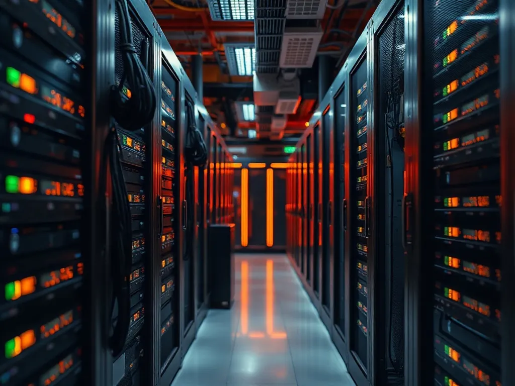High-tech server room with terracotta and gold lighting, foc