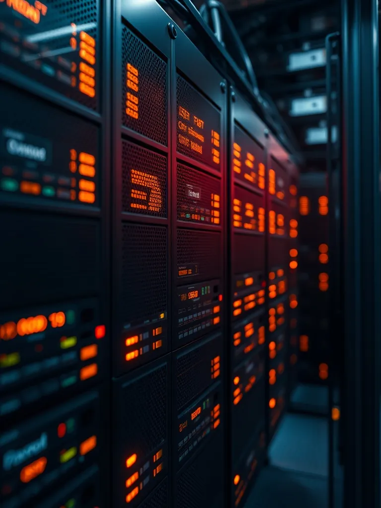 High-tech server room rack with glowing amber and terracotta