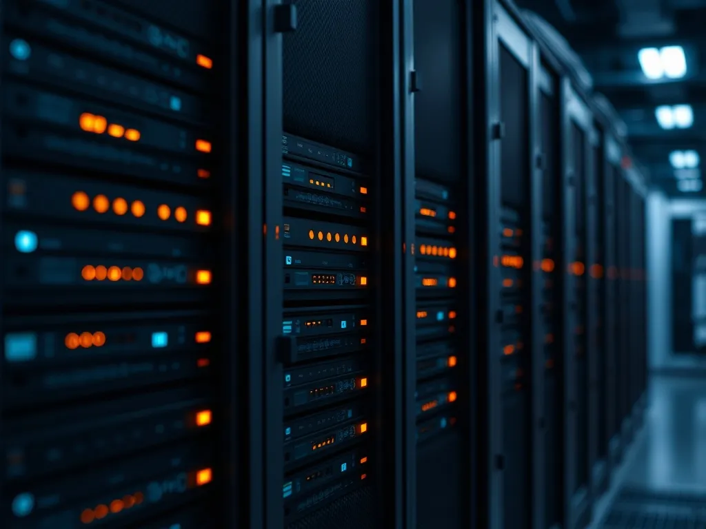 Close-up of high-tech server racks with amber status lights