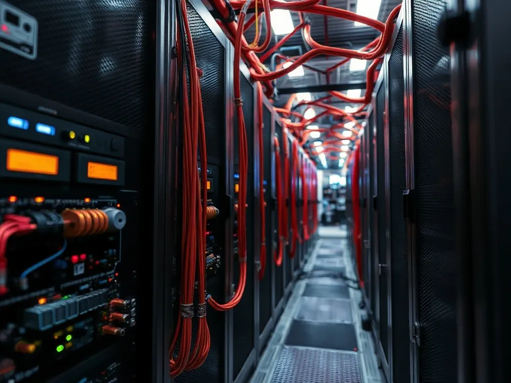 High-tech server room with copper wiring and warm lighting,