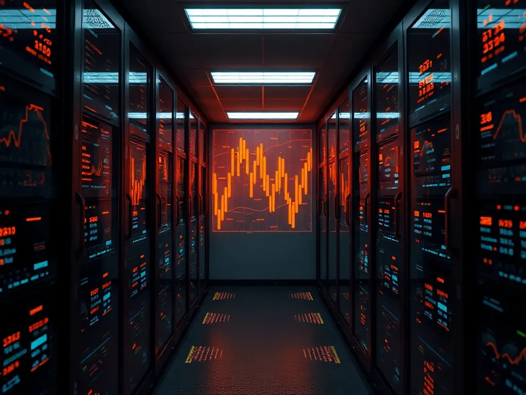 High-tech server room with glowing orange and gold data stre