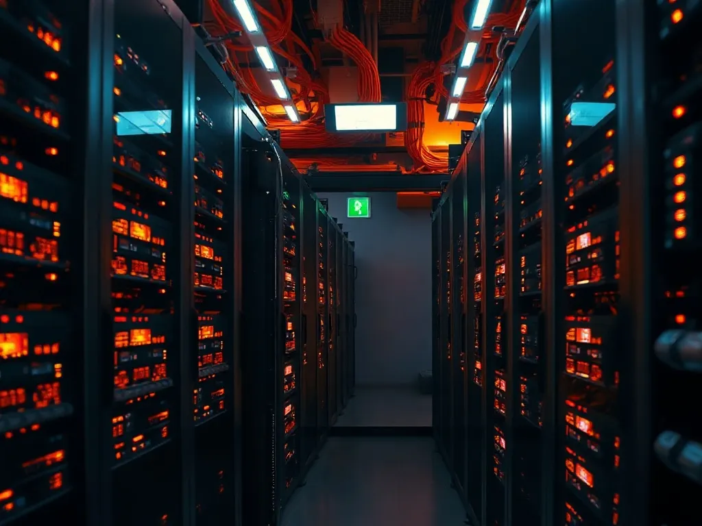 A high-tech server room with warm amber lighting, focus on h